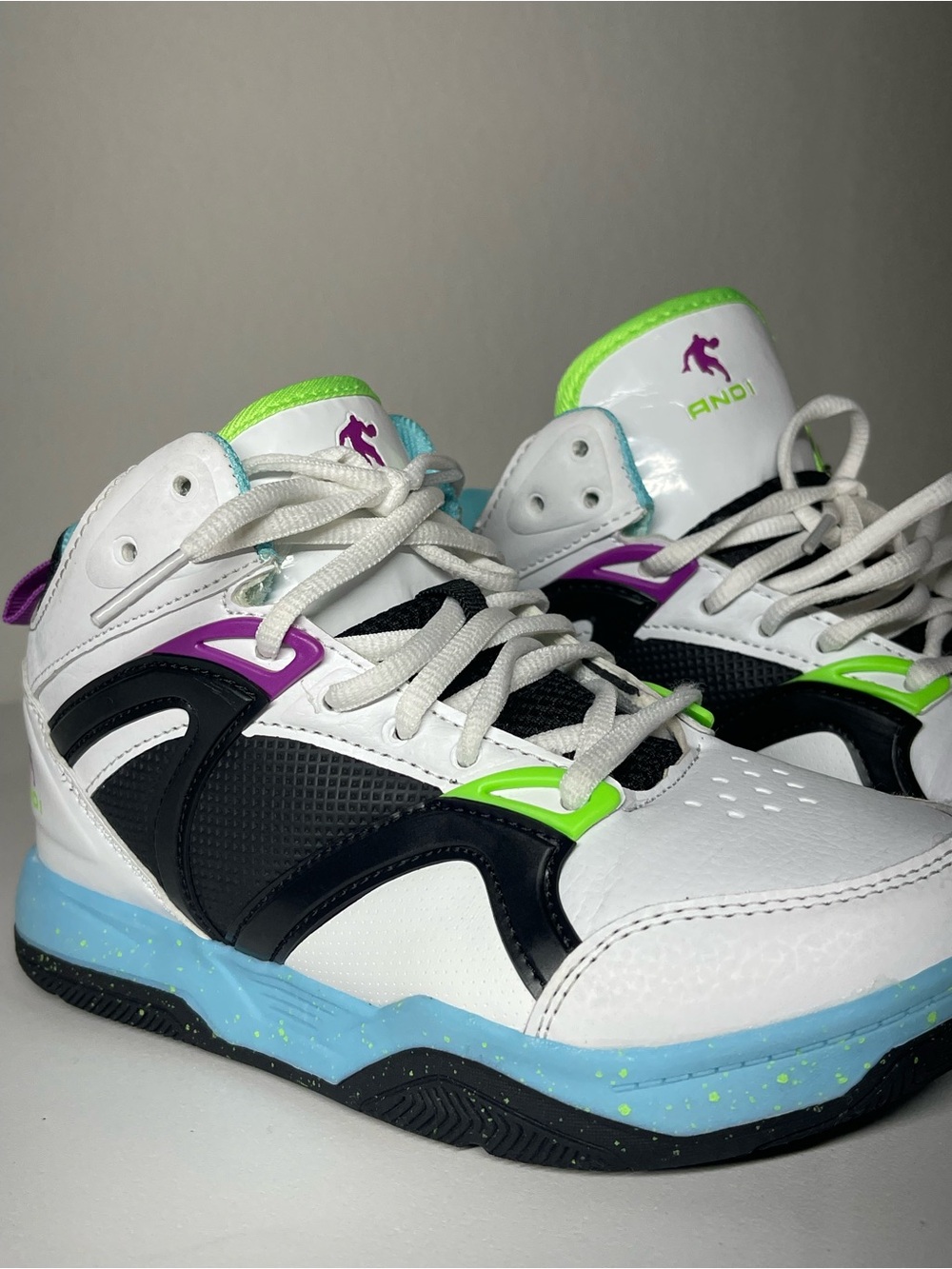 AND1 Boys High Top Basketball Sneakers White Black Neon Green Purple Size 2Y